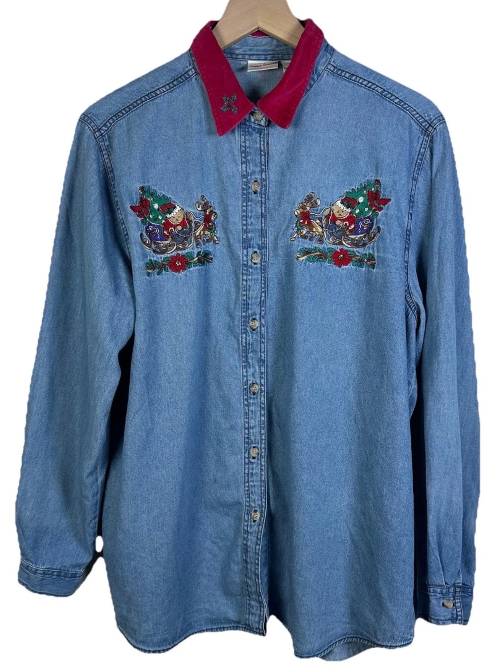 VTG 90s Bobbie Brooks Denim Shirt XL Embroidered Bear Sleigh Christmas Festive